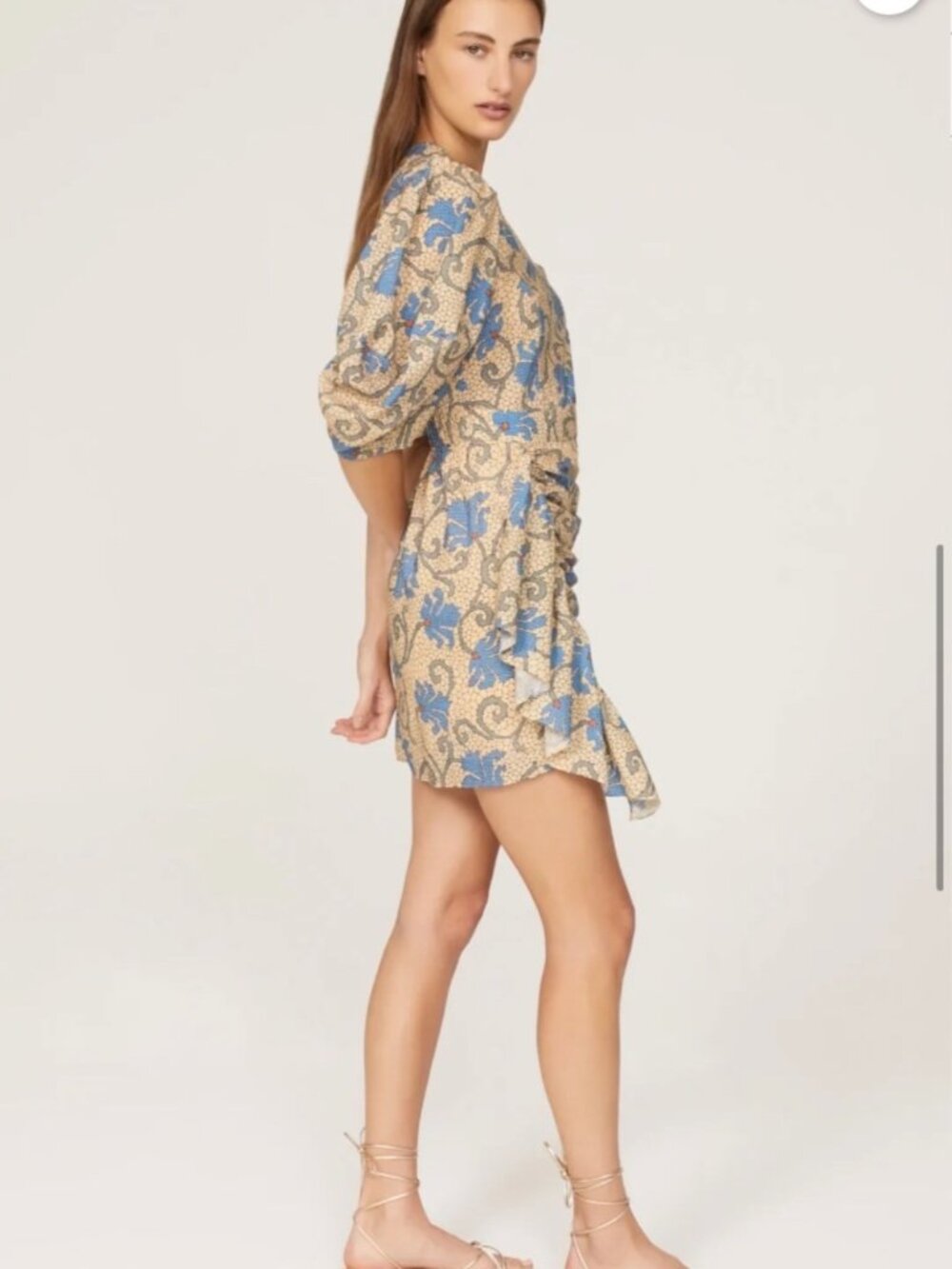 RHODE Pia Draped Mini Dress Mosaic Blossom Ruched w/ Side Ruffle, Puff Sleeves - Picture 4 of 11